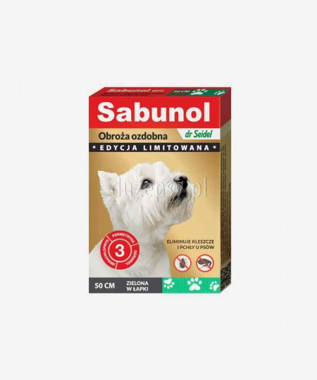SABUNOL obroża na kleszcze i pchły dla średniego psa ozdobna zielona w łapki 50 cm