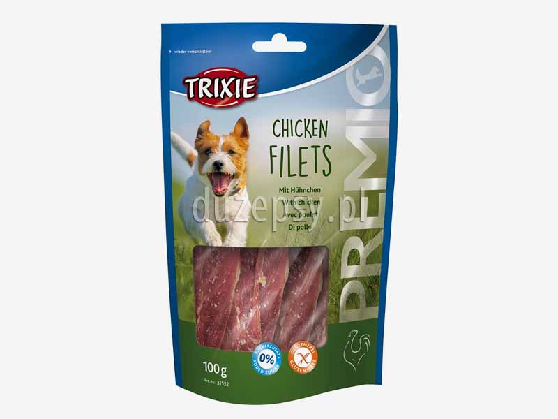 Trixie Premio filet z kurczaka przysmak dla psa; przysmaki dla psa z suszonym mięsem; smakołyki dla psów mięsne; suszony kurczak dla psa; poczęstunki dla psa bez glutenu; bezglutenowe przysmaki dla psa; mięso suszone dla psów; przysmaki Trixie dla psa; sklep zoologiczny; DuzePsy.pl