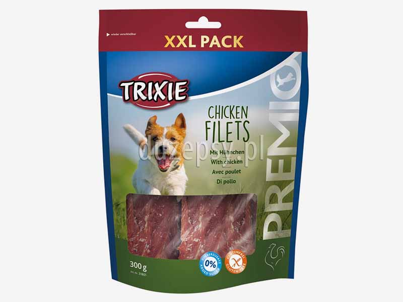 Trixie Premio filet z kurczaka przysmak dla psa; przysmaki dla psa z suszonym mięsem; smakołyki dla psów mięsne; suszony kurczak dla psa; poczęstunki dla psa bez glutenu; bezglutenowe przysmaki dla psa; mięso suszone dla psów; przysmaki Trixie dla psa; sklep zoologiczny; DuzePsy.pl